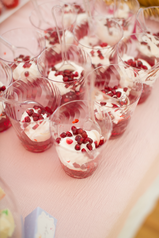 Jello cups with pomegranate seeds (so sparkly!)